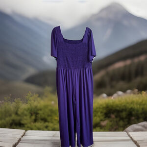 SHEIN 4X Fits 2X/3X Stretchy Comfy Purple Romper Square Neck Wide Legs Pockets